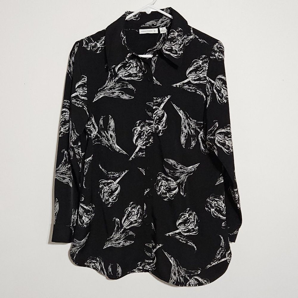 Susan‎ Graver Blouse Sz 4 Button Up Collared Tunic Long Sleeve Black Floral